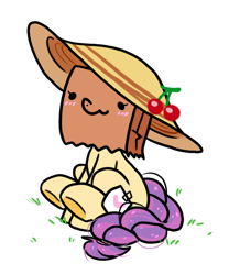 Size: 728x836 | Tagged: safe, artist:paperbagpony, imported from derpibooru, oc, oc:paper bag, earth pony, pony, blushing, cherry, cute, fake cutie mark, female, food, grass, hat, mare, ocbetes, sitting