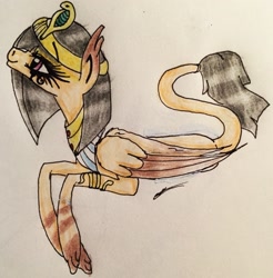 Size: 2237x2274 | Tagged: safe, artist:beamybutt, imported from derpibooru, oc, oc only, sphinx, commission, egyptian, egyptian headdress, eyelashes, female, high res, signature, smiling, solo, sphinx oc, traditional art, ych result