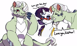 Size: 1600x960 | Tagged: safe, artist:daydreamdollop, imported from derpibooru, rarity, oc, oc:esperite essense, dracony, dragon, hybrid, pony, unicorn, cheek kiss, female, glasses, heart, interspecies offspring, kiss on the cheek, kissing, male, mare, mother and child, mother and son, nose piercing, nose ring, offspring, parent:rarity, parent:spike, parents:sparity, piercing, simple background, white background