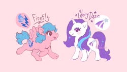 Size: 1200x675 | Tagged: safe, artist:celesse, imported from derpibooru, firefly, glory, pegasus, pony, unicorn, alternate cutie mark, female, g1, mare, redesign, signature, simple background