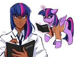 Size: 640x474 | Tagged: safe, artist:jellynut, imported from derpibooru, twilight sparkle, alicorn, human, pony, blackwashing, crossover, dark skin, death note, humanized, light yagami, magic, magic aura, simple background, twilight sparkle (alicorn), white background