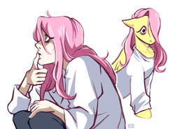 Size: 640x474 | Tagged: safe, artist:jellynut, imported from derpibooru, fluttershy, human, pegasus, pony, chest fluff, crossover, death note, humanized, l, simple background, solo, white background, white shirt