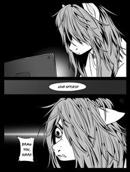 Size: 640x842 | Tagged: safe, artist:jellynut, imported from derpibooru, fluttershy, pony, black and white, comic, crossover, death note, grayscale, hair over one eye, l, monochrome, solo