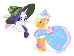 Size: 1280x960 | Tagged: safe, artist:jellynut, imported from derpibooru, applejack, rarity, earth pony, pony, unicorn, griffon the brush off, look before you sleep, beach hat, bow, clothes, dress, embarrassed, fancy, flower, flower in hair, freckles, froufrou glittery lacy outfit, hat, hennin, jewelry, necklace, pearl necklace, princess, simple background, white background