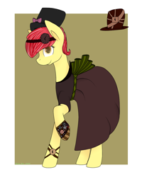 Size: 800x1000 | Tagged: safe, artist:nerri-shine, imported from derpibooru, apple bloom, pony, bow, clock, clothes, dress, female, filly, hat, solo, steampunk