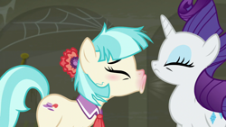 Size: 1280x720 | Tagged: safe, imported from derpibooru, screencap, coco pommel, rarity, earth pony, pony, unicorn, season 6, the saddle row review, eyes closed, female, mare, open mouth, sneezing