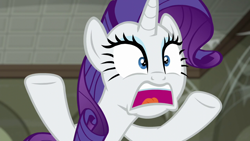 Size: 1280x720 | Tagged: safe, imported from derpibooru, screencap, rarity, pony, unicorn, season 6, the saddle row review, female, mare, marshmelodrama, open mouth, rarity being rarity, solo