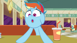 Size: 1280x720 | Tagged: safe, imported from derpibooru, screencap, honey curls, mare e. lynn, rainbow dash, earth pony, pegasus, pony, season 6, the saddle row review, female, mare, open mouth, rainbow dash is best facemaker, solo focus