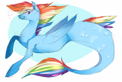 Size: 3000x2000 | Tagged: safe, artist:imlpdailyfnaf18, imported from derpibooru, rainbow dash, pegasus, pony, seapony (g4), bubble, deviantart watermark, dorsal fin, female, fish tail, flowing mane, high res, multicolored hair, obtrusive watermark, pink eyes, seaponified, seapony rainbow dash, simple background, smiling, solo, species swap, tail, watermark, white background, wings