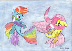 Size: 960x678 | Tagged: safe, artist:candycorn2424, imported from derpibooru, fluttershy, rainbow dash, pegasus, pony, sea pony, dorsal fin, female, fins, fish tail, flowing mane, flowing tail, green eyes, looking at each other, pink eyes, pink mane, seaponified, seapony fluttershy, seapony rainbow dash, signature, simple background, smiling, species swap, tail, underwater, water