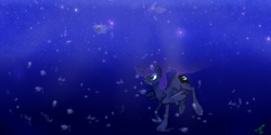 Size: 3000x1500 | Tagged: safe, artist:starfox365, imported from derpibooru, princess luna, alicorn, fish, pony, blue mane, bubble, colored pupils, ethereal mane, female, flowing mane, flowing tail, green eyes, horn, ocean, signature, smiling, solo, starry mane, stars, swimming, underwater, water, wings