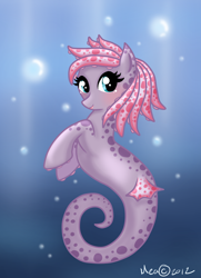 Size: 1052x1452 | Tagged: safe, artist:meamagica, imported from derpibooru, oc, oc only, sea pony, blue eyes, blushing, bubble, crepuscular rays, deviantart watermark, eyelashes, fins, looking at you, obtrusive watermark, pink mane, smiling, solo, sunlight, tail, underwater, water, watermark