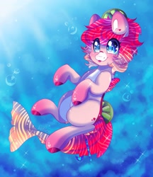 Size: 1693x1958 | Tagged: safe, artist:kefico, imported from derpibooru, oc, oc only, merpony, blue eyes, bubble, commission, crepuscular rays, fish tail, looking up, ocean, pink mane, solo, sparkles, sunlight, tail, tongue out, underwater, water, wingding eyes, ych result