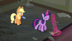 Size: 1280x720 | Tagged: safe, imported from derpibooru, screencap, applejack, twilight sparkle, alicorn, earth pony, pony, season 6, the saddle row review, applejack's hat, broom, cowboy hat, duo, duo female, eyes closed, female, glowing horn, hat, horn, magic, magic aura, mare, mouth hold, open mouth, open smile, smiling, sweeping, sweepsweepsweep, telekinesis, twilight sparkle (alicorn)