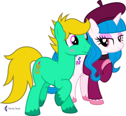 Size: 4468x4096 | Tagged: safe, artist:parclytaxel, imported from derpibooru, oc, oc only, oc:bijou sapphire, oc:david starlyre, earth pony, pony, unicorn, .svg available, absurd resolution, beret, blushing, clothes, eye contact, female, flirting, hat, lidded eyes, looking at each other, male, mare, monthly reward, pointing at self, raised hoof, shirt, simple background, smiling, stallion, transparent background, unshorn fetlocks, vector, walking