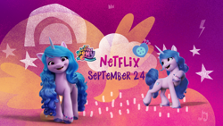 Size: 2048x1152 | Tagged: safe, imported from derpibooru, izzy moonbow, pony, unicorn, abstract background, cutie mark, female, g5, mare, my little pony logo, my little pony: a new generation logo, netflix, official, pony history, self ponidox, text, youtube banner