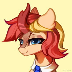 Size: 3000x3000 | Tagged: safe, artist:rrd-artist, imported from derpibooru, oc, oc only, kirin, bedroom eyes, high res, kirin oc, necktie, simple background, solo, wingding eyes, yellow background