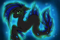 Size: 600x400 | Tagged: safe, artist:edlynette, imported from derpibooru, oc, oc only, hybrid, merpony, seapony (g4), blue mane, bubble, dark, dorsal fin, eyelashes, fins, fish tail, glow, glowing, green eyes, looking at you, signature, solo, underwater, water