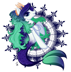 Size: 1930x1964 | Tagged: safe, artist:exceru-karina, imported from derpibooru, oc, oc only, hybrid, merpony, seapony (g4), blue eyes, commission, crown, eyelashes, female, fins, fish tail, flowing tail, jewelry, long mane, looking at you, mermaid tail, multicolored hair, necklace, pearl necklace, regalia, simple background, smiling, solo, symbol, tail, transparent background, wingding eyes