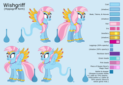 Size: 10046x6954 | Tagged: safe, artist:ethanjacobsyrosca, imported from derpibooru, oc, oc only, oc:wishgriff, classical hippogriff, genie, hippogriff, absurd resolution, blue background, bottle, bracelet, circlet, classical hippogriff oc, clothes, female, hippogriff oc, jewelry, leggings, necklace, not silverstream, redesign, reference sheet, simple background, solo, vector, wing jewelry