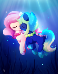 Size: 800x1018 | Tagged: safe, artist:exceru-karina, imported from derpibooru, pony, blue mane, bubble, commission, crepuscular rays, eyes closed, female, flower, jewelry, looking at each other, necklace, ocean, pearl necklace, pink mane, seaweed, smiling, sunlight, underwater, unshorn fetlocks, water, ych result