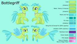 Size: 4269x2474 | Tagged: safe, artist:ethanjacobsyrosca, imported from derpibooru, oc, oc only, oc:bottlegriff, classical hippogriff, hippogriff, sea pony, seapony (g4), base used, classical hippogriff oc, green background, high res, hippogriff oc, jewelry, male, necklace, not terramar, reference sheet, seapony oc, simple background, solo, vector