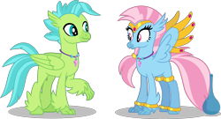 Size: 8604x4642 | Tagged: safe, artist:ethanjacobsyrosca, imported from derpibooru, oc, oc only, oc:bottlegriff, oc:wishgriff, classical hippogriff, genie, hippogriff, absurd resolution, bottle, bracelet, brother and sister, circlet, classical hippogriff oc, clothes, female, fraternal twins, hippogriff oc, jewelry, leggings, male, necklace, not silverstream, not terramar, shadow, siblings, simple background, transparent background, vector, wing jewelry