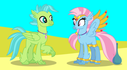 Size: 9419x5168 | Tagged: safe, artist:ethanjacobsyrosca, imported from derpibooru, oc, oc only, oc:bottlegriff, oc:wishgriff, classical hippogriff, genie, hippogriff, absurd resolution, bottle, bracelet, brother and sister, circlet, classical hippogriff oc, clothes, desert, female, fraternal twins, hippogriff oc, jewelry, leggings, male, necklace, not silverstream, not terramar, sand, shadow, siblings, vector, wing jewelry