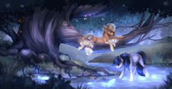 Size: 8769x4560 | Tagged: safe, artist:nettlemoth, imported from derpibooru, applejack, oc, oc:constance everheart, earth pony, firefly (insect), fish, insect, pony, canon x oc, everjack, female, forest, in a tree, male, river, scenery, shipping, straight, tree, tree branch