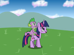 Size: 1280x960 | Tagged: safe, artist:platinumdrop, imported from derpibooru, spike, twilight sparkle, dragon, pony, unicorn, cloud, dragons riding ponies, female, happy, male, outdoors, request, riding, spike riding twilight, unicorn twilight