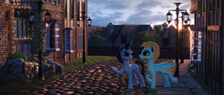 Size: 3840x1634 | Tagged: safe, artist:etherium-apex, imported from derpibooru, imported from ponybooru, lightning dust, oc, oc:frosku, pegasus, pony, unicorn, 3d, blender, blender eevee, city, female, male