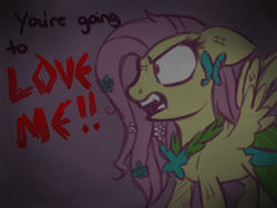 Size: 1024x768 | Tagged: safe, artist:potatogirlivy, imported from derpibooru, fluttershy, pegasus, pony, the best night ever, angry, clothes, deviantart watermark, dialogue, dress, female, gala dress, messy mane, obtrusive watermark, open mouth, red eyes, sharp teeth, solo, talking, teeth, torn clothes, watermark, yelling