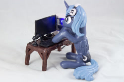 Size: 1280x854 | Tagged: safe, artist:azgchip, imported from derpibooru, princess luna, alicorn, pony, computer, craft, desk, desktop, female, folded wings, headphones, keyboard, mare, microphone, monitor, photo, s1 luna, sculpture, sitting, solo, wax, wings
