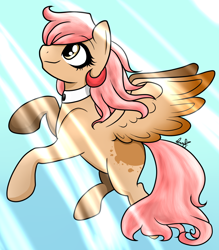 Size: 1400x1600 | Tagged: safe, artist:potatogirlivy, imported from derpibooru, oc, oc only, oc:peach primrose, pegasus, pony, female, flying, sky, smiling, solo