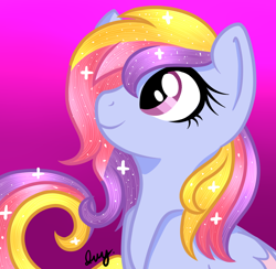 Size: 1024x1000 | Tagged: safe, artist:potatogirlivy, imported from derpibooru, oc, oc only, oc:glittering cloud, pony, deviantart watermark, female, obtrusive watermark, smiling, solo, sparkles, sparkly mane, watermark