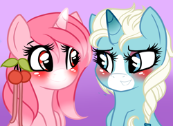 Size: 1400x1024 | Tagged: safe, artist:potatogirlivy, imported from derpibooru, oc, oc only, oc:heart blossom, oc:snow spell, pony, unicorn, blushing, duo, duo female, female, females only, gradient background, horn, looking at each other, mare, smiling, smiling at each other, unicorn oc