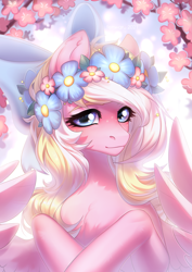 Size: 2480x3507 | Tagged: safe, artist:fenwaru, imported from derpibooru, oc, oc only, oc:bay breeze, pegasus, pony, beautiful, blushing, bow, cherry blossoms, cute, female, floral head wreath, flower, flower blossom, hair bow, high res, looking at you, mare, outdoors, pegasus oc, wings