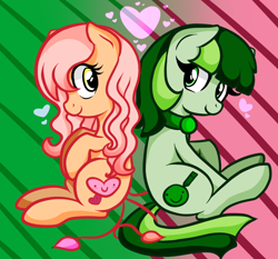 Size: 1000x930 | Tagged: safe, artist:potatogirlivy, artist:quarium, imported from derpibooru, oc, oc only, oc:dainty drawn, earth pony, pony, back to back, collaboration, duo, duo female, earth pony oc, female, females only, looking at each other, mare, smiling, smiling at each other