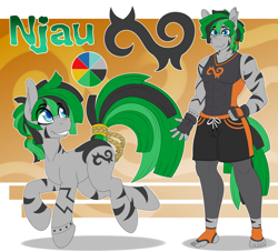 Size: 5500x5000 | Tagged: safe, artist:tatemil, imported from derpibooru, oc, oc only, oc:njau, anthro, plantigrade anthro, pony, zebra, abs, absurd resolution, anthro oc, anthro with ponies, clothes, colored pupils, commission, ear fluff, eye clipping through hair, eyebrows, eyebrows visible through hair, fingerless gloves, gloves, green hair, grin, gym shorts, hand on hip, leggings, looking back, male, male oc, multicolored hair, muscles, pecs, raised tail, reference sheet, shorts, smiling, solo, solo male, stallion, tail, torn ear, zebra oc