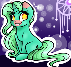 Size: 1280x1200 | Tagged: safe, artist:potatogirlivy, imported from derpibooru, oc, oc only, pony, unicorn, art trade, female, open mouth, open smile, sitting, smiling, solo, starry eyes, wingding eyes