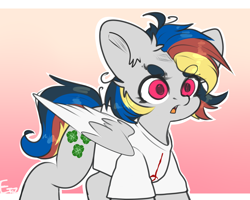 Size: 2500x2000 | Tagged: safe, artist:etoz, imported from derpibooru, oc, oc only, oc:lucky bright, pegasus, pony, angry, clothes, cute, eyebrows, eyebrows visible through hair, female, gradient background, high res, mare, multicolored hair, open mouth, pegasus oc, shirt, t-shirt, wings