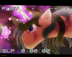 Size: 2811x2239 | Tagged: safe, imported from derpibooru, sky rocket, oc, oc:scorcher, ghoul, pony, twinkle eyed pony, undead, unicorn, fallout equestria, aesthetic, aesthetics, gem, high res, magic, magic aura, vhs