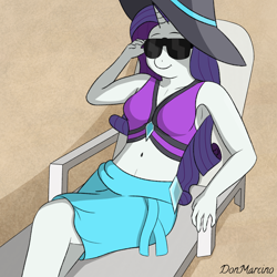 Size: 5000x5000 | Tagged: safe, artist:donmarcino, imported from derpibooru, rarity, anthro, unicorn, beach, beach shorts swimsuit, belly button, bikini, breasts, chair, clothes, day, equestria girls outfit, eyewear, front view, hat, horn, lying, outdoors, rarity's beach shorts swimsuit, sand, short shirt, signature, simple background, skirt, smiling, solo, summer, sunglasses, swimsuit