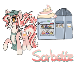 Size: 2364x2000 | Tagged: safe, artist:finalaspex, imported from derpibooru, oc, oc only, oc:sorbette, earth pony, pony, cap, cute, female, food, hat, high res, ice cream, mare, reference sheet, refrigerator, simple background, smiling, solo, transparent background