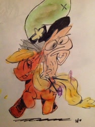 Size: 564x755 | Tagged: artist needed, safe, imported from derpibooru, applejack, applejack's hat, cowboy hat, crossover, friendshipping, hat, pony ride, riding a pony, thinking, traditional art, wander (wander over yonder), wander over yonder