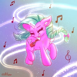 Size: 2000x2000 | Tagged: safe, artist:finalaspex, imported from derpibooru, oc, oc only, oc:minty joy, pony, unicorn, dancing, earbuds, female, happy, high res, mare, mp3 player, music, smiling, smilling, solo