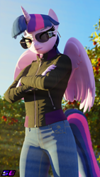 Size: 2160x3840 | Tagged: safe, artist:shadowboltsfm, imported from derpibooru, twilight sparkle, alicorn, anthro, plantigrade anthro, 3d, 4k, aviator glasses, aviator sunglasses, blender, clothes, crepuscular rays, crossed arms, eyelashes, high res, jacket, jeans, not sfm, pants, sun ray, sunglasses, twilight sparkle (alicorn)