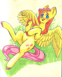 Size: 1280x1594 | Tagged: safe, artist:valeriakudlaeva, imported from derpibooru, fluttershy, pegasus, pony, blushing, chest fluff, colored hooves, eyebrows, female, grass, hooves to the chest, looking at you, lying down, mare, on back, open mouth, open smile, outdoors, smiling, solo, spread wings, three quarter view, traditional art, wings, wrong eye color
