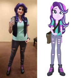 Size: 960x960 | Tagged: safe, artist:sarahndipity cosplay, imported from derpibooru, starlight glimmer, human, equestria girls, mirror magic, spoiler:eqg specials, beanie, clothes, comparison, cosplay, costume, hat, irl, irl human, pants, photo, ripped pants, torn clothes, vest