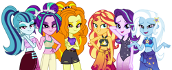 Size: 1024x421 | Tagged: safe, artist:binco_293, artist:emeraldblast63, artist:rileyav, imported from derpibooru, adagio dazzle, aria blaze, sonata dusk, starlight glimmer, sunset shimmer, trixie, human, equestria girls, equestria girls series, forgotten friendship, bare shoulders, belly button, clothes, female, one-piece swimsuit, sarong, simple background, sleeveless, swimsuit, the dazzlings, transparent background, vector